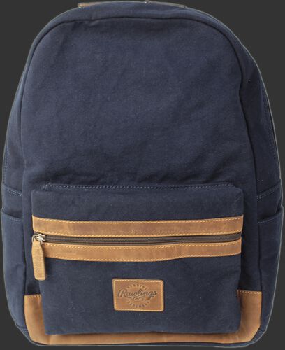Front of a navy V164-400 Canvas Collection backpack with a brown label and brown zipper on the front pocket